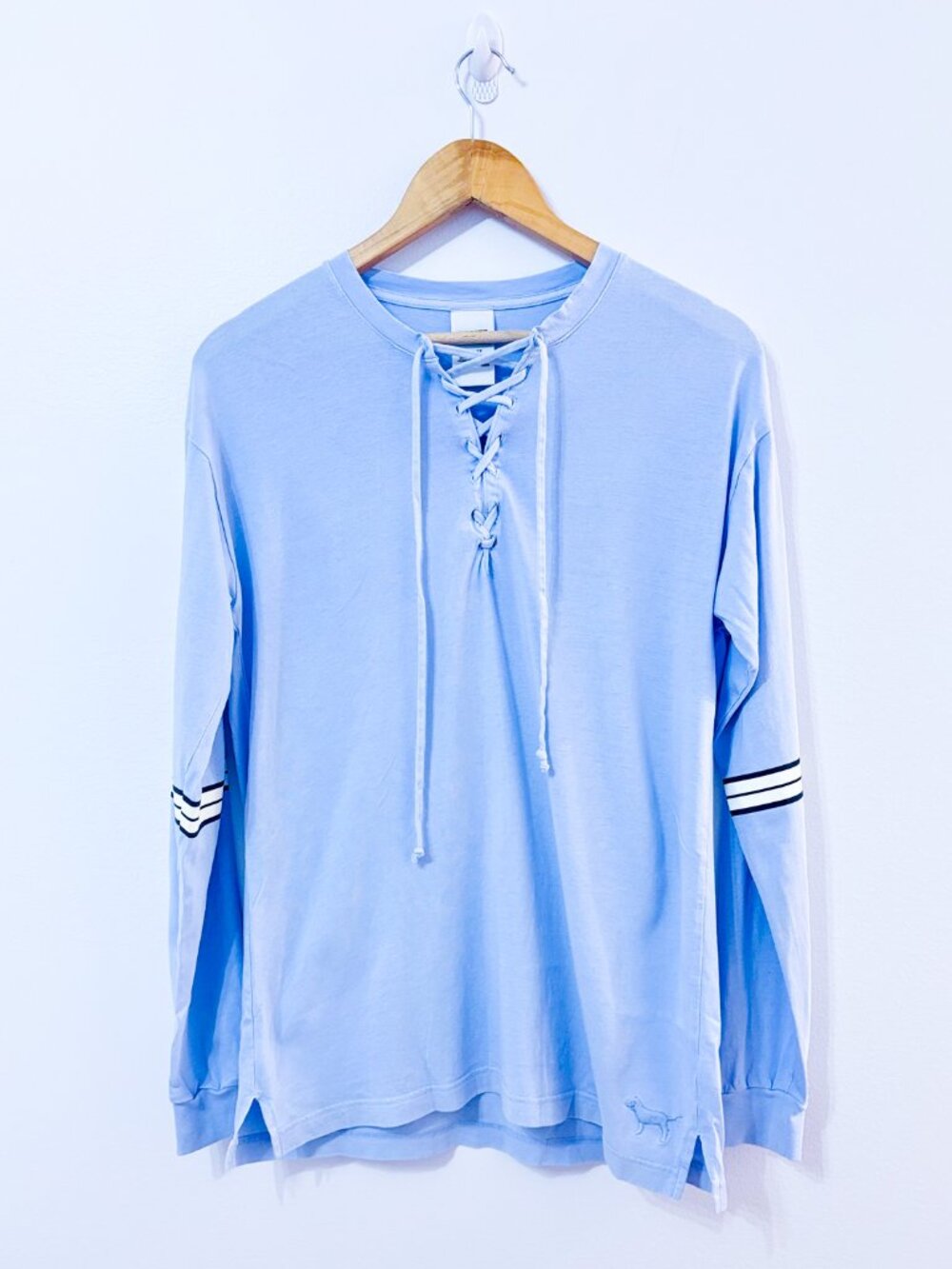 PINK Blue Pajama Top | Lace Up Lounge Sleepwear | X-Small